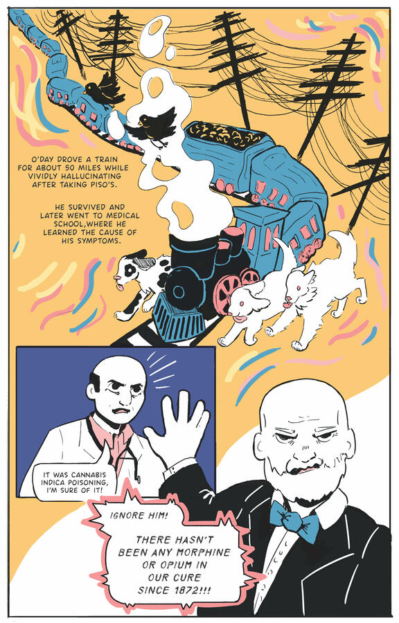 An excerpt from False Miracles, a nonfiction comic about the history of Piso's Cure for Consumption. This page depicts a firsthand account of a train conductor's hallucinations after taking Piso's which he claims are due to cannabis in the "cure".