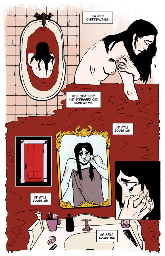 A preview page of my upcoming comic, Necrophoresis. This page depicts the protagonist, Ezra, in a bathroom scratching her arms and face as she has a breakdown, trying to convince herself that her partner still loves her.