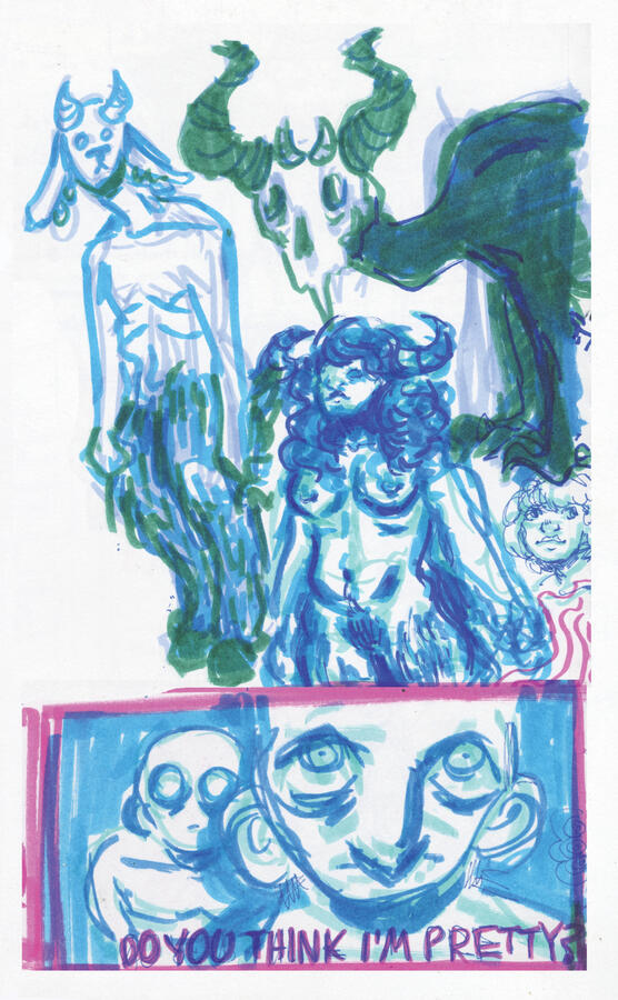 A page from my art book featuring a collage of different traditional sketchbook work. This page is predominantly blue and green, showing various doodled creature designs and concept sketches.