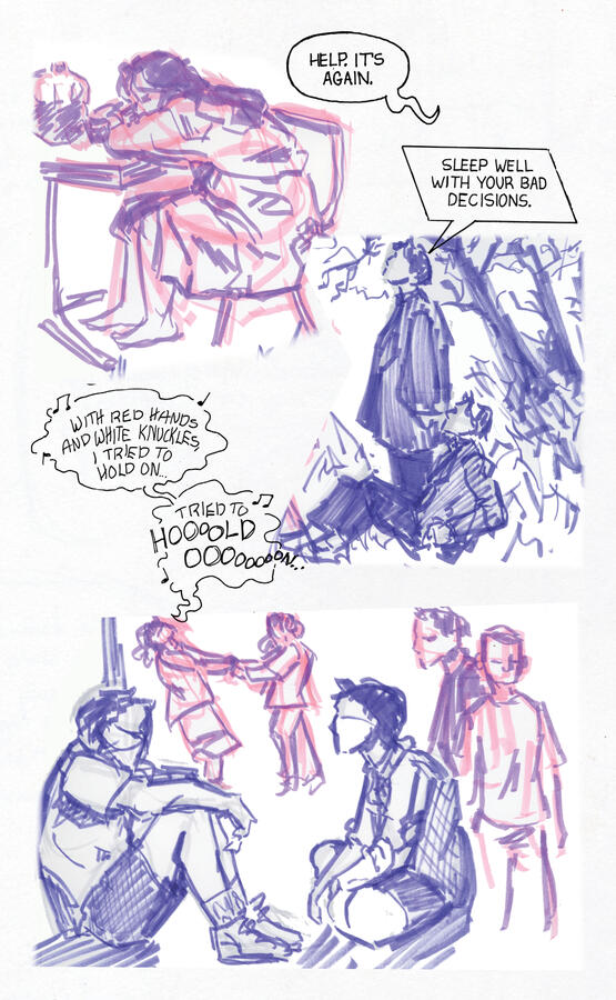 A page from my art book featuring a collage of different traditional sketchbook work. This page depicts some pose studies in purple and pink marker and some hand lettered speech bubbles.